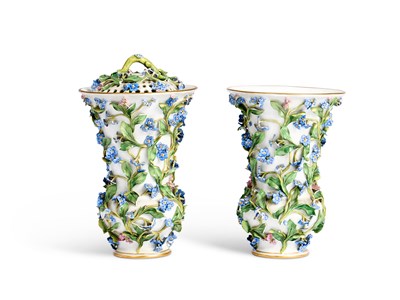 Lot 37 - A PAIR OF MEISSEN PORCELAIN FLOWER-ENCRUSTED FLARED VASES AND ONE COVER, 19TH CENTURY