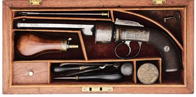 Lot 393 - A CASED 80 BORE PERCUSSION TRANSITIONAL SINGLE-ACTION SIX-SHOT REVOLVER, MID-19TH CENTURY