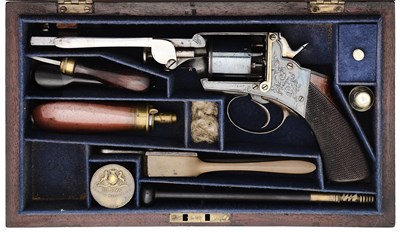 Lot 392 - A CASED 54 BORE PERCUSSION REEVES PATENT DOUBLE-ACTION FIVE-SHOT REVOLVER, NO. 1022, CIRCA 1860
