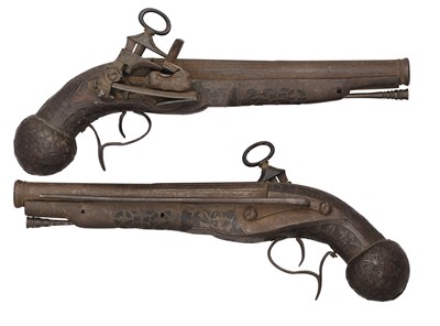 Lot 357 - A RARE PAIR OF SPANISH (RIPOLL) 25 BORE MIQUELET-LOCK BELT PISTOLS BY CORBE, LATE 17TH CENTURY