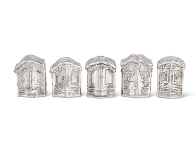 Lot 143 - A GROUP OF FIVE DUTCH SILVER MINIATURE 'KAST' SCENT BOXES, 19TH CENTURY