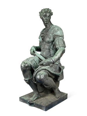 Lot 119 - A LARGE WEATHERED BRONZE FIGURE, 'GIULIANO DE MEDICI' AFTER MICHELANGELO, FRENCH, LATE 19TH CENTURY