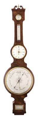 Lot 38 - A VICTORIAN ROSEWOOD COMBINED WHEEL BAROMETER, CLOCK AND THERMOMETER, D. FAGLIOLI & SON, LONDON, 1840s