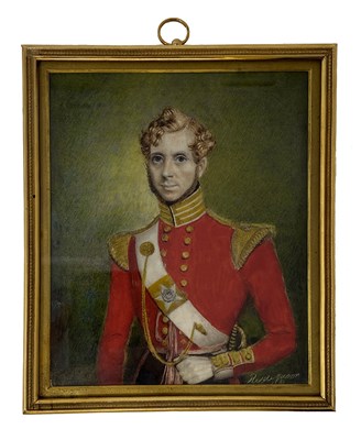Lot 409 - A PORTRAIT MINIATURE OF AN OFFICER OF THE LIGHT COMPANY, 26TH CAMERONIAN REGIMENT OF FOOT, BY RAJA JIVAN RAM (INDIAN ACTIVE 1827-1850), CIRCA 1840