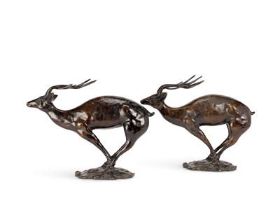 Lot 145 - A PAIR OF JAPANESE TAKAOKA WARE BRONZE ANTELOPE, SIGNED KATSUHIKO, SHOWA PERIOD ( 1926-1989)