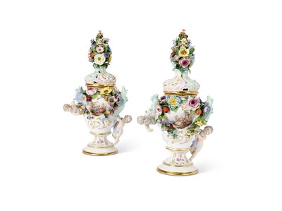 Lot 38 - A PAIR OF MEISSEN PORCELAIN TWO-HANDLED FLOWER-ENCRUSTED VASES AND PIERCED COVERS, 19TH CENTURY