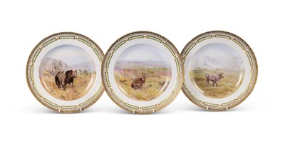 Lot 57 - THREE ROYAL COPENHAGEN PORCELAIN ‘FAUNA DANICA’ DINNER PLATES, 20TH CENTURY