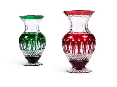 Lot 82 - TWO SAINT LOUIS CLEAR AND COLOURED CUT GLASS VASES, 20TH CENTURY