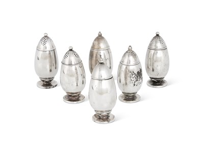 Lot 172 - A SET OF SIX DANISH SILVER SHAKERS, GEORG JENSEN SILVERSMITHS, COPENHAGEN, 1933-44