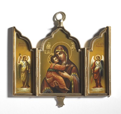 Lot 146 - A RUSSIAN SILVER-GILT TRAVELLING TRIPTYCH ICON