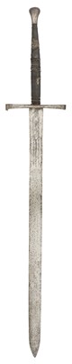 Lot 369 - A TWO-HAND SWORD IN MEDIEVAL STYLE, 19TH CENTURY, THE BLADE PROBABLY LATE 15TH/16TH CENTURY