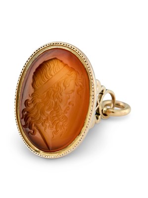 Lot 307 - A GEORGE III GOLD FOB SEAL WITH CARNELIAN INTAGLIO OF HOMER, LATE 18TH CENTURY