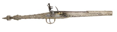 Lot 51 - A BALKAN (SOULIOT) 20 BORE FLINTLOCK PISTOL WITH SILVER STOCK