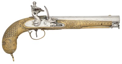 Lot 50 - AN UNUSUAL INDIAN 28 BORE FLINTLOCK ALL-METAL PISTOL IN THE ENGLISH TASTE, MID-19TH CENTURY