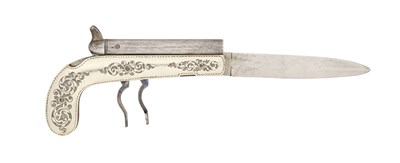 Lot 380 - A LIÈGE 120 BORE PERCUSSION D.B. KNIFE-PISTOL, MID-19TH CENTURY