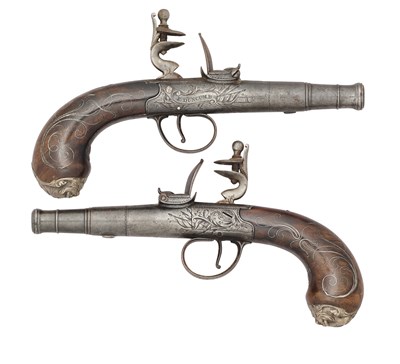 Lot 367 - A PAIR OF 54 BORE FLINTLOCK BOX-LOCK POCKET PISTOLS BY I. DUNCUMB, MID-18TH CENTURY