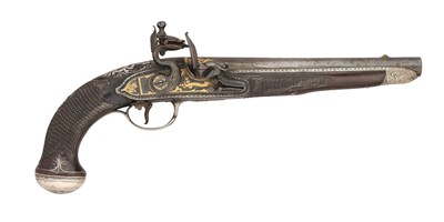 Lot 49 - AN OTTOMAN 20 BORE FLINTLOCK SILVER-MOUNTED HOLSTER PISTOL, EARLY 19TH CENTURY