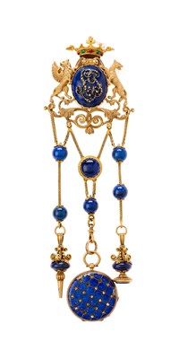 Lot 331 - A FRENCH JEWELLED GOLD, ENAMEL AND LAPIS LAZULI CHATELAINE WITH WATCH, UNMARKED, PARIS, CIRCA 1880