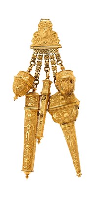 Lot 337 - A GEORGIAN GILT-METAL EQUIPAGE (CHATELAINE), PROBABLY LONDON, SECOND QUARTER 18TH CENTURY