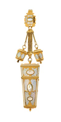 Lot 339 - A GILT-METAL AND MOTHER-OF-PEARL EQUIPAGE (CHATELAINE), POSSIBLY DUTCH, CIRCA 1735