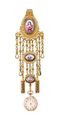 Lot 332 - A GILT-METAL AND ENAMEL EQUIPAGE (CHATELAINE), PROBABLY ENGLISH LATE 18TH CENTURY