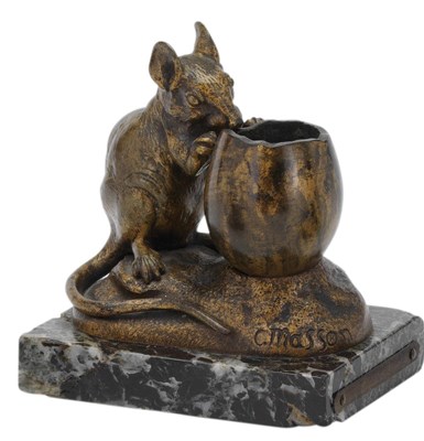 Lot 6 - A MATCH HOLDER MODELLED AS A MOUSE NIBBLING AT AN EGG