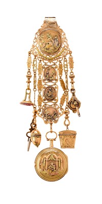 Lot 333 - A GOLD WATCH EQUIPAGE (CHATELAINE), PROBABLY SWISS LATE 18TH CENTURY
