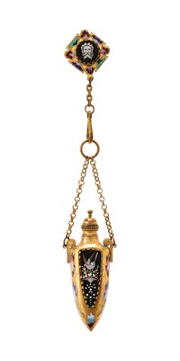 Lot 323 - A GILT-METAL, ENAMEL AND MICROMOSAIC SCENT FLASK CHATELAINE, PROBABLY ITALIAN, CIRCA 1900