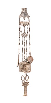 Lot 325 - A VICTORIAN 'ART SILVER' CHATELAINE, WILLIAM HUTTON & SONS LTD. FOR RETAIL BY WILLIAM GEORGE CONNELL, LONDON, 1899 /1900