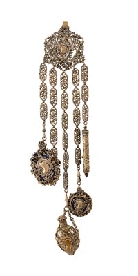 Lot 328 - AN ELECTROPLATE CHATELAINE, PROBABLY FRENCH, LATE 19TH CENTURY