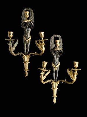 Lot 14 - A PAIR OF PARCEL-GILT-BRONZE FIGURAL WALL LIGHTS