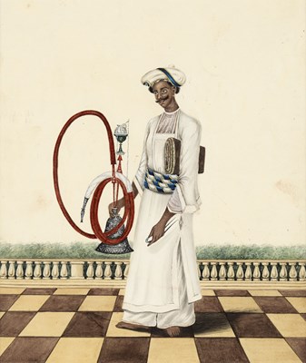 Lot 53 - A STUDY OF A HUQQA BEARER, IN THE MANNER OF SHAIKH MUHAMMAD AMIR OF KARRAYA, CALCUTTA, CIRCA 1845
