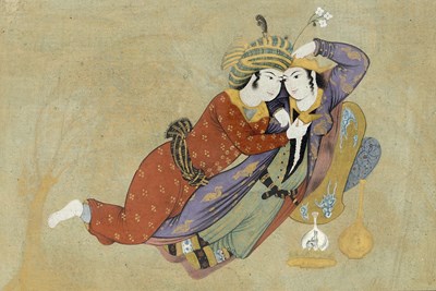 Lot 15 - A QAJAR PAINTING OF ENTANGLED LOVERS, PERSIA, 19TH CENTURY