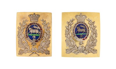 Lot 216 - TWO 2ND (QUEEN'S) REGIMENT OF FOOT OFFICER'S SHOULDER PLATES, CIRCA 1830-1850