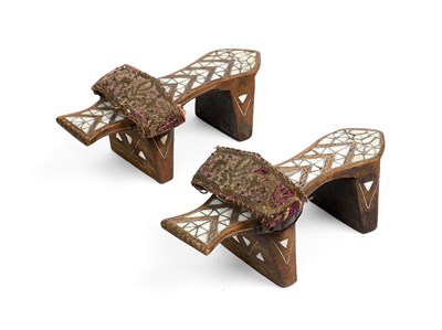 Lot 453 - A PAIR OF MOTHER OF PEARL INLAID WOOD HAMMAM SANDALS, DAMASCUS, SYRIA, CIRCA 1900