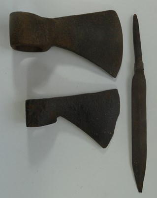 Lot 384 - A PRUSSIAN MODEL 1852 SHORTSWORD, TWO IRON AXE HEADS, 18TH/19TH CENTURY AND A DETACHED BLADE