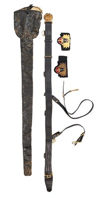 Lot 163 - A BRITISH NAVAL OFFICER’S SWORD BELT AND SUSPENSION STRAPS, TWO EMBROIDERED BADGES, AND A SWORD BAG