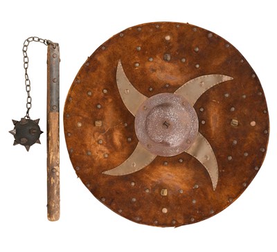 Lot 166 - A TARGET IN SCOTTISH 18TH CENTURY STYLE, AND A BALL AND CHAIN FLAIL IN MEDIEVAL STYLE