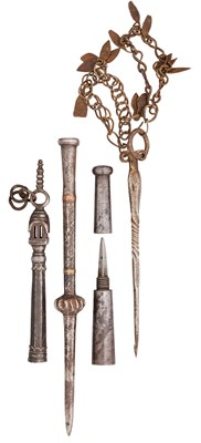Lot 546 - THREE INDIAN TERMINALS, AND A FLAIL, 18TH/9TH CENTURY
