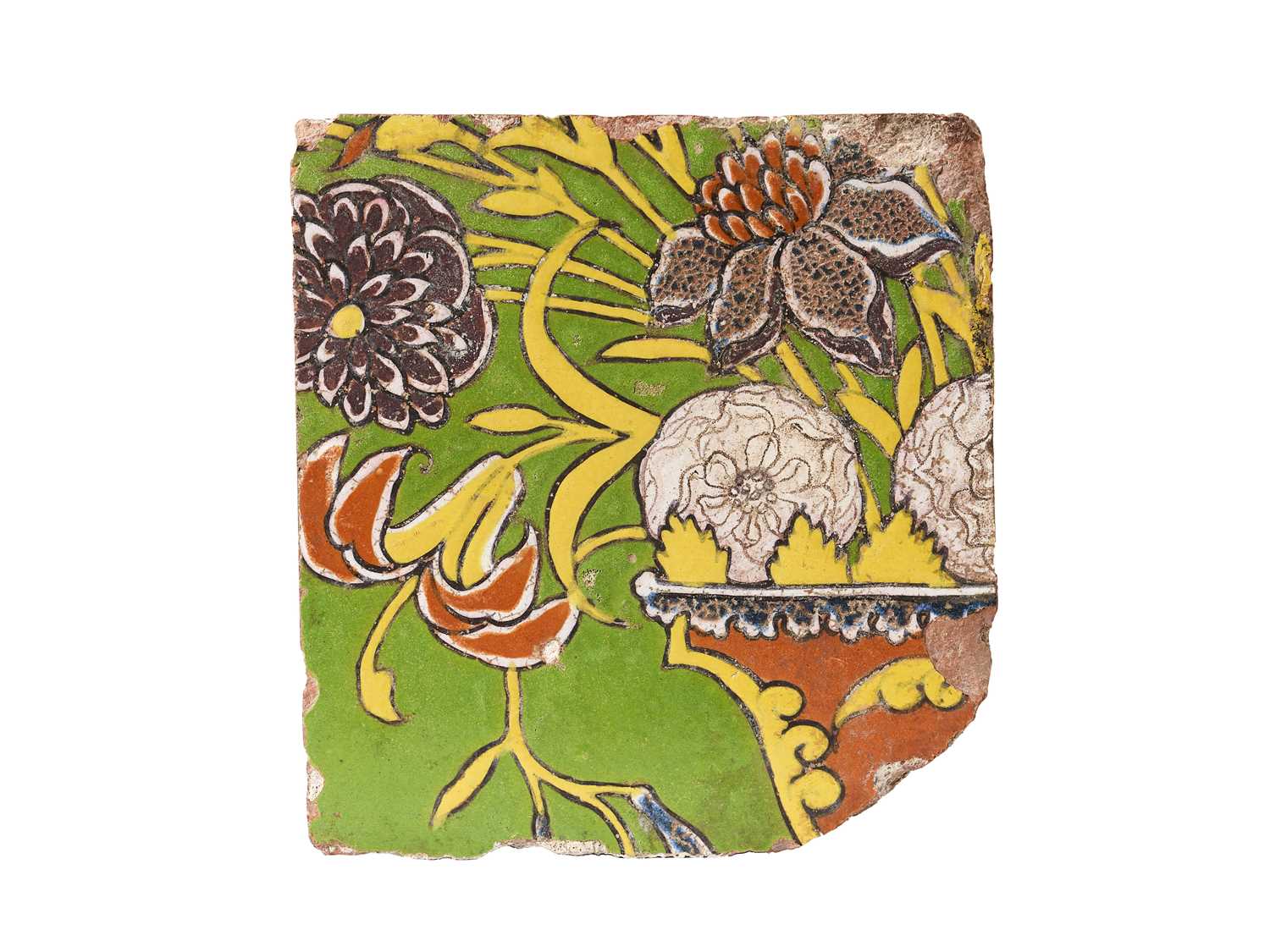 Lot 45 - A MUGHAL CUERDA SECA TILE, FROM THE TOMB OF MADANI, SRINAGAR, MID-17TH CENTURY