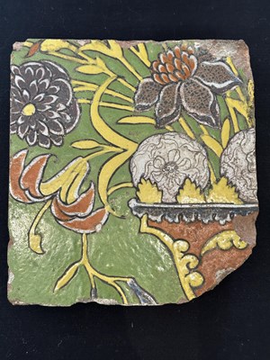 Lot 45 - A MUGHAL CUERDA SECA TILE, FROM THE TOMB OF MADANI, SRINAGAR, MID-17TH CENTURY