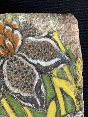 Lot 45 - A MUGHAL CUERDA SECA TILE, FROM THE TOMB OF MADANI, SRINAGAR, MID-17TH CENTURY