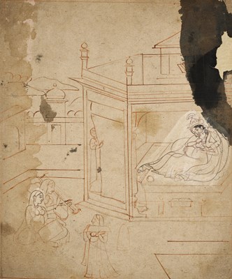 Lot 52 - A DRAWING OF RADHA AND KRISHNA, PAHARI, 19TH CENTURY