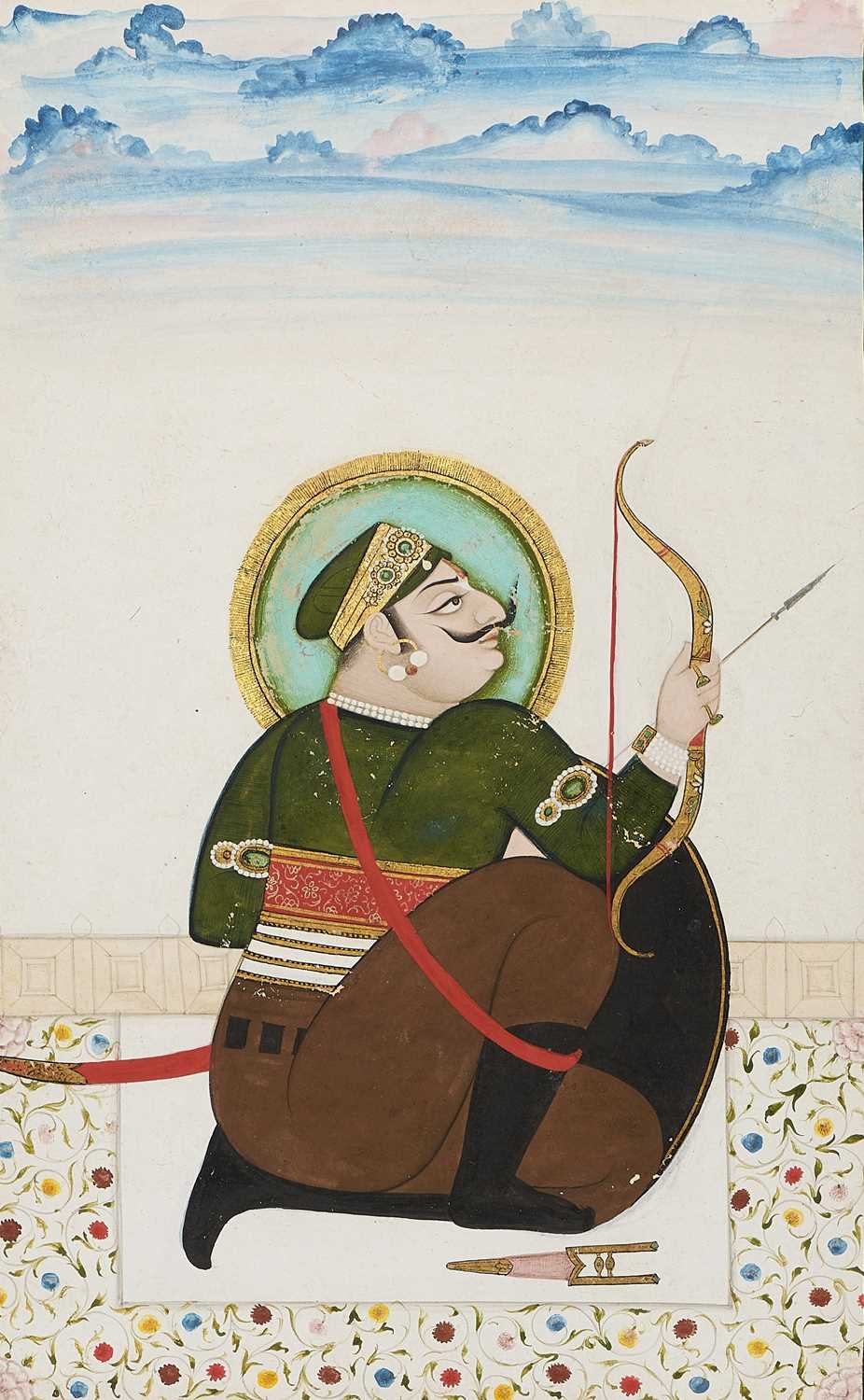 Lot 56 - A PORTRAIT OF PRITHVIRAJ RAJA CHAUHAN, MEWAR, PROBABLY UDAIPUR, CIRCA 1810