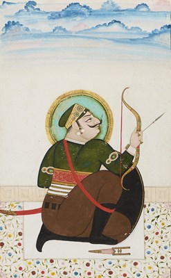 Lot 56 - A PORTRAIT OF PRITHVIRAJ RAJA CHAUHAN, MEWAR, PROBABLY UDAIPUR, CIRCA 1810