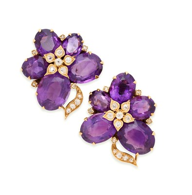Lot 58 - PAIR OF AMETHYST AND DIAMOND EAR CLIPS, 1950s