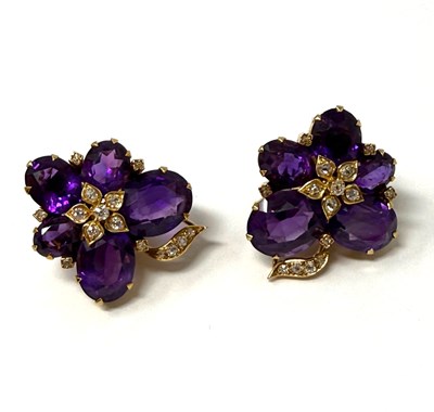 Lot 58 - PAIR OF AMETHYST AND DIAMOND EAR CLIPS, 1950s