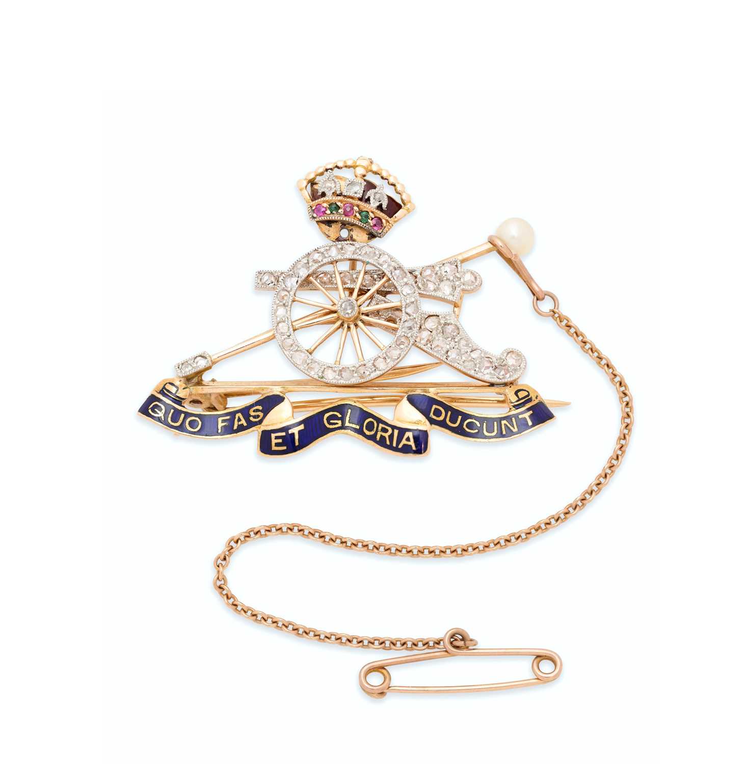 Lot 353 - ROYAL ARTILLERY REGIMENTAL GOLD, ENAMEL AND DIAMOND BROOCH, 1930s