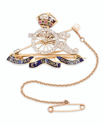 Lot 51 - ROYAL ARTILLERY REGIMENTAL 'SWEETHEART' GOLD, ENAMEL AND DIAMOND BROOCH, 1930s