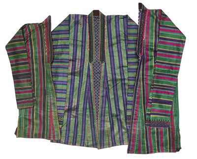Lot 85 - THREE STRIPED SATIN CHAPAN, AFGHANISTAN OR TAJIKISTAN, 20TH CENTURY